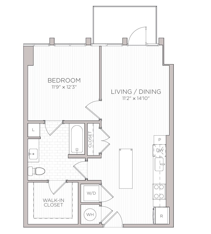 Floor plan for 1 bed, 1 bath, 728 sqft